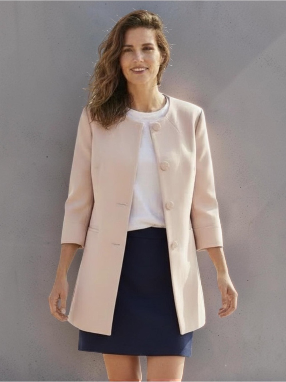 Talbots Light Blush Collarless Three-Quarter Sleeve Trench Coat